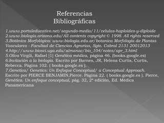 1.www.portaleducativo.net/segundo-medio/11/celulas-haploides-y-diploide
2.www.biologia.arizona.edu/All contents copyright © 1998. All rights reserved
3.Botánica Morfológica: www.biologia.edu.ar/botanica Morfología de Plantas
Vasculares - Facultad de Ciencias Agrarias, Sgto. Cabral 2131 20012013
4.http://www.biosci.uga.edu/almanac/bio_104/notes/apr_3.html
5.Oliva Virgili, Rafael [1] Genética médica, página 46. (books.google.es)
6.Invitación a la biología. Escrito por Barnes, JR, Helena Curtis, Curtis,
Rebecca. Página 102. ( books.google.es ).
7.Genetica/ Genetics: Un Enfoque Conceptual/ a Conceptual Approach.
Escrito por PIERCE BENJAMIN,Pierce. Página 22. ( books.google.es ). Pierce,
Genética. Un enfoque conceptual, pág. 32, 2ª edición, Ed. Médica
Panamericana
Referencias
Bibliográficas
 