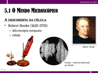A descoberta da célula
A DESCOBERTA DA CÉLULA
• Robert Hooke (1635-1703)
– Microscópio composto
– Célula
Robert Hooke
5.1 O MUNDO MICROSCÓPICO
Biologia – 1º ano Ens. Médio
Cortiça – material observado
por Hooke
 