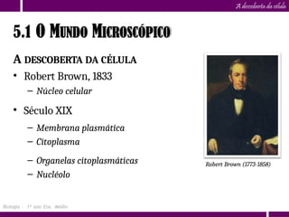 A descoberta da célula
A DESCOBERTA DA CÉLULA
• Robert Brown, 1833
– Núcleo celular
• Século XIX
– Membrana plasmática
– Citoplasma
– Organelas citoplasmáticas
– Nucléolo
Robert Brown (1773-1858)
5.1 O MUNDO MICROSCÓPICO
Biologia – 1º ano Ens. Médio
 