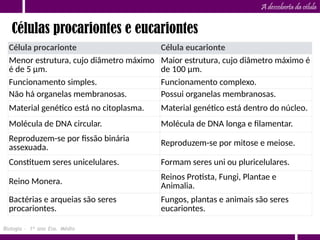 A descoberta da célula
Células procariontes e eucariontes
Biologia – 1º ano Ens. Médio
Célula procarionte Célula eucarionte
Menor estrutura, cujo diâmetro máximo
é de 5 μm.
Maior estrutura, cujo diâmetro máximo é
de 100 μm.
Funcionamento simples. Funcionamento complexo.
Não há organelas membranosas. Possui organelas membranosas.
Material genético está no citoplasma. Material genético está dentro do núcleo.
Molécula de DNA circular. Molécula de DNA longa e filamentar.
Reproduzem-se por fissão binária
assexuada.
Reproduzem-se por mitose e meiose.
Constituem seres unicelulares. Formam seres uni ou pluricelulares.
Reino Monera. Reinos Protista, Fungi, Plantae e
Animalia.
Bactérias e arqueias são seres
procariontes.
Fungos, plantas e animais são seres
eucariontes.
 