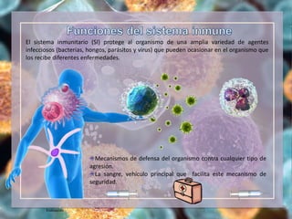 Evaluación
El sistema inmunitario (SI) protege al organismo de una amplia variedad de agentes
infecciosos (bacterias, hongos, parásitos y virus) que pueden ocasionar en el organismo que
los recibe diferentes enfermedades.
Mecanismos de defensa del organismo contra cualquier tipo de
agresión.
La sangre, vehículo principal que facilita este mecanismo de
seguridad.
 
