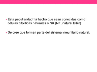 • Esta peculiaridad ha hecho que sean conocidas como

células citoliticas naturales o NK (NK, natural killer)
• Se cree que forman parte del sistema inmunitario natural.

 
