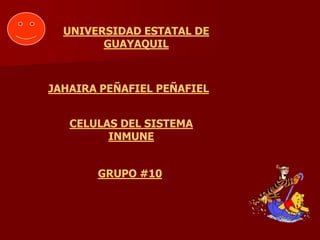 UNIVERSIDAD ESTATAL DE
        GUAYAQUIL



JAHAIRA PEÑAFIEL PEÑAFIEL


   CELULAS DEL SISTEMA
         INMUNE


       GRUPO #10
 