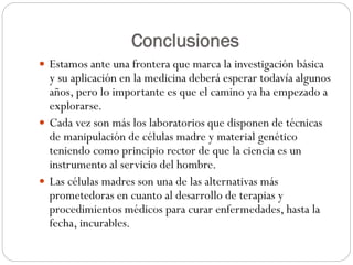 Conclusiones
 Estamos ante una frontera que marca la investigación básica

y su aplicación en la medicina deberá esperar todavía algunos
años, pero lo importante es que el camino ya ha empezado a
explorarse.
 Cada vez son más los laboratorios que disponen de técnicas
de manipulación de células madre y material genético
teniendo como principio rector de que la ciencia es un
instrumento al servicio del hombre.
 Las células madres son una de las alternativas más
prometedoras en cuanto al desarrollo de terapias y
procedimientos médicos para curar enfermedades, hasta la
fecha, incurables.

 