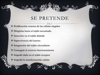 SE PRETENDE
 Proliferación extensa de las células elegidas
 Dirigirlas hacia el tejido necesitado
 Inserción en el tejido dañado
 Supervivencia del inserto
 Integración del tejido circundante
 Conseguir el correcto funcionamiento
 Impedir daño en el tejido receptor
 Impedir la transformación celular
 