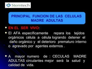  EN EL SER VIVOEN EL SER VIVO::
 El AFA específicamente repara los tejidosEl AFA específicamente repara los tejidos
orgánicos célula a célula logrando detener elorgánicos célula a célula logrando detener el
daño orgánico y el deterioro prematuro internodaño orgánico y el deterioro prematuro interno
o agravado por agentes externos .o agravado por agentes externos .
 A mayor numero de : CECULAS MADREA mayor numero de : CECULAS MADRE
ADULTAS circulantes mejor será la salud yADULTAS circulantes mejor será la salud y
calidad de vida.calidad de vida.
PRINCIPAL FUNCION DE LAS CELULAS
MADRE ADULTAS
 
