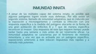 INMUNIDAD INNATA
• A pesar de las múltiples capas del sistema innato, es posible que
algunos patógenos logren evadir esas defensas. Por ello existe un
segundo sistema, llamado de inmunidad adaptativa, que es inducido por
la exposición a microorganismos y combate la infección con una
respuesta específica a la medida del patógeno atacante en la forma de
una gran población de linfocitos B y T que de manera específica
reconocen al invasor. Una respuesta de este tipo requiere tiempo: puede
tardar hasta una semana o más antes de ser totalmente eficaz. La
inmunidad adaptativa se caracteriza por el fenómeno de memoria
inmunitaria, y una vez que es activada por un patógeno específico,
exposiciones anteriores a éste inducen respuestas más rápidas y a
menudo más potentes.
 