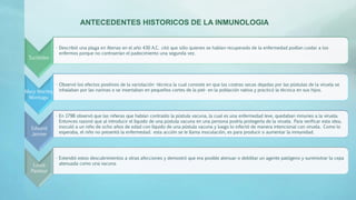 Tucídides
• Describió una plaga en Atenas en el año 430 A.C. citó que sólo quienes se habían recuperado de la enfermedad podían cuidar a los
enfermos porque no contraerían el padecimiento una segunda vez.
Mary Wortley
Montagu
• Observó los efectos positivos de la variolación -técnica la cual consiste en que las costras secas dejadas por las pústulas de la viruela se
inhalaban por las narinas o se insertaban en pequeños cortes de la piel- en la población nativa y practicó la técnica en sus hijos.
Edward
Jenner
• En 1798 observó que las niñeras que habían contraído la pústula vacuna, la cual es una enfermedad leve, quedaban inmunes a la viruela.
Entonces razonó que al introducir el líquido de una pústula vacuna en una persona podría protegerla de la viruela. Para verificar esta idea,
inoculó a un niño de ocho años de edad con líquido de una pústula vacuna y luego lo infectó de manera intencional con viruela. Como lo
esperaba, el niño no presentó la enfermedad. esta acción se le llama inoculación, es para producir o aumentar la inmunidad.
Louis
Pasteur
• Extendió estos descubrimientos a otras afecciones y demostró que era posible atenuar o debilitar un agente patógeno y suministrar la cepa
atenuada como una vacuna.
ANTECEDENTES HISTORICOS DE LA INMUNOLOGIA
 