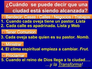 VISION. 2 Co. 4:2-4. Cegó, ensuciado y sin luz.Ez. 22:30.Contactos y ayuda.Estrategias y metas. Campos blancos, Mapa espiritual. (Abortos No)Eventos informales y grupos de interés.Oración e intercesión guiadas por el Espíritu Santo. Ef. 6:18. Mt. 12:29, / 16:19.Casas de Oración, Puntos de Influencia, Alabanza del trabajo, Adoptar calles y lugares. 