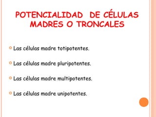 POTENCIALIDAD DE CÉLULAS
MADRES O TRONCALES
 Las células madre totipotentes.
 Las células madre pluripotentes.
 Las células madre multipotentes.
 Las células madre unipotentes.
 