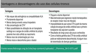 Vantagens e desvantagens do uso das celulas-tronco
12
Fonte:www.febrasgo.org.br/site/wp-content/uploads/.../Femina_34-5-071.pdf
 