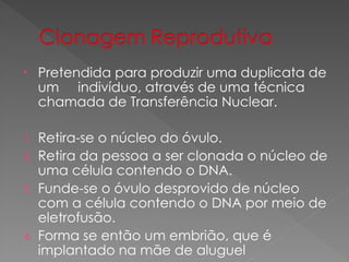 • Pretendida para produzir uma duplicata de
um indivíduo, através de uma técnica
chamada de Transferência Nuclear.
1. Retira-se o núcleo do óvulo.
2. Retira da pessoa a ser clonada o núcleo de
uma célula contendo o DNA.
3. Funde-se o óvulo desprovido de núcleo
com a célula contendo o DNA por meio de
eletrofusão.
4. Forma se então um embrião, que é
implantado na mãe de aluguel
 
