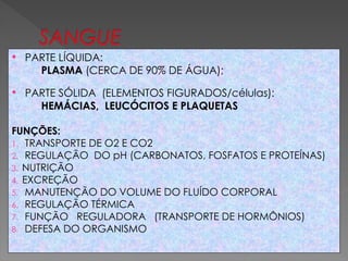  PARTE LÍQUIDA:
PLASMA (CERCA DE 90% DE ÁGUA);
 PARTE SÓLIDA (ELEMENTOS FIGURADOS/células):
HEMÁCIAS, LEUCÓCITOS E PLAQUETAS
FUNÇÕES:
1. TRANSPORTE DE O2 E CO2
2. REGULAÇÃO DO pH (CARBONATOS, FOSFATOS E PROTEÍNAS)
3. NUTRIÇÃO
4. EXCREÇÃO
5. MANUTENÇÃO DO VOLUME DO FLUÍDO CORPORAL
6. REGULAÇÃO TÉRMICA
7. FUNÇÃO REGULADORA (TRANSPORTE DE HORMÔNIOS)
8. DEFESA DO ORGANISMO
 
