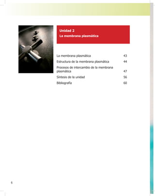 6
La membrana plasmática 43
Estructura de la membrana plasmática 44
Procesos de intercambio de la membrana
plasmática 47
Síntesis de la unidad 56
Bibliografía 60
Unidad 2
La membrana plasmática
 