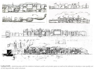 Labyrinth - sketching play with the relations between public and private space as well as the attempt to develop a new quality out
of this labyrinth-like urban structure
 