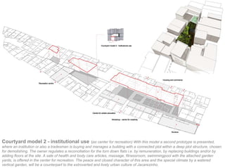 Courtyard model 2 - institutional use                   (as center for recreation) With this model a second prototype is presented,
where an institution or also a tradesman is buying and manages a building with a connected plot within a deep plot structure, chosen
for demolishing. The owner regulates a reconciliation for the torn down flats i.e. by remuneration, by replacing buildings and/or by
adding floors at the site. A sale of health and body care articles, massage, fitnessroom, swimmingpool with the attached garden
yards, is offered in the center for recreation. The peace and closed character of this area and the special climate by a watered
vertical garden, will be a counterpart to the extroverted and lively urban culture of Jacarezinho.
 