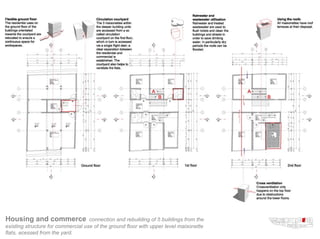 Housing and commerce                connection and rebuilding of 5 buildings from the
existing structure for commercial use of the ground floor with upper level maisonette
flats, acessed from the yard.
 