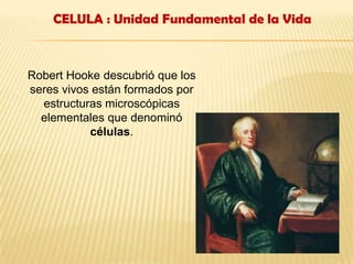 CELULA : Unidad Fundamental de la VidaRobert Hooke descubrió que los seres vivos están formados por estructuras microscópicas elementales que denominócélulas. 