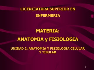 LICENCIATURA SUPERIOR EN
             ENFERMERIA



             MATERIA:
   ANATOMIA y FISIOLOGIA
UNIDAD 2: ANATOMIA Y FISIOLOGIA CELULAR
               Y TISULAR



                                          1
 