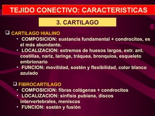 TEJIDO CONECTIVO: CARACTERISTICAS
3. CARTILAGO
 CARTILAGO HIALINO
• COMPOSICION: sustancia fundamental + condrocitos, es
el más abundante.
• LOCALIZACION: extremos de huesos largos, extr. ant.
costillas, nariz, laringe, tráquea, bronquios, esqueleto
embrionario
• FUNCION: movilidad, sostén y flexibilidad, color blanco
azulado
 FIBROCARTILAGO
• COMPOSICION: fibras colágenas + condrocitos
• LOCALIZACION: sínfisis pubiana, discos
intervertebrales, meniscos
• FUNCION: sostén y fusión
 