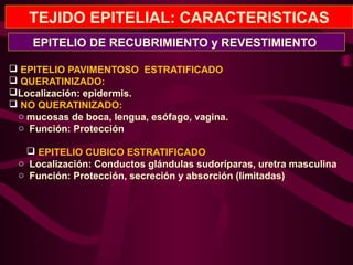 TEJIDO EPITELIAL: CARACTERISTICAS
 EPITELIO PAVIMENTOSO ESTRATIFICADO
 QUERATINIZADO:
Localización: epidermis.
 NO QUERATINIZADO:
o mucosas de boca, lengua, esófago, vagina.
o Función: Protección
 EPITELIO CUBICO ESTRATIFICADO
o Localización: Conductos glándulas sudoríparas, uretra masculina
o Función: Protección, secreción y absorción (limitadas)
EPITELIO DE RECUBRIMIENTO y REVESTIMIENTO
 