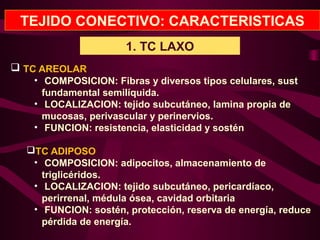 TEJIDO CONECTIVO: CARACTERISTICAS
1. TC LAXO
 TC AREOLAR
• COMPOSICION: Fibras y diversos tipos celulares, sust
fundamental semilíquida.
• LOCALIZACION: tejido subcutáneo, lamina propia de
mucosas, perivascular y perinervios.
• FUNCION: resistencia, elasticidad y sostén
TC ADIPOSO
• COMPOSICION: adipocitos, almacenamiento de
triglicéridos.
• LOCALIZACION: tejido subcutáneo, pericardíaco,
perirrenal, médula ósea, cavidad orbitaria
• FUNCION: sostén, protección, reserva de energía, reduce
pérdida de energía.
 