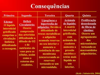 Consequências
Edema:
O líquido
intersticial
geleificado
comprime a
circulação
linfática
dificultando
a escoagem.
Déficit
Circulatório:
Ocorre
compressão
das arteríolas
dificultando a
difusão de O2
e de
nutrientes do
vaso para as
células, assim
como o
retorno dos
exudatos.
Lipogênese e
hipertrofia do
adipócito: Devido a
dificuldade de
trocas metabólicas
o adipócito
acumula reservas
no seu interior e
aumenta a
resistência de sua
membrana
(encarcerando as
reservas)
tornando-se um
micronódulo.
Acúmulo
de líquido:
A matriz
intersticial
geleificada,
com
acúmulo de
exudatos
aumenta a
pressão
oncótica e
retém mais
líquido no
seu
interior.
Proliferação
desordenada
de fibras de
elastina:
Ocorre um
agrupamento
dos
micronódulos
tornando-os
macronódulos
adipocitários.
Primeira Segunda Terceira Quarta Quinta
(Kede ; Sabatovich, 2004)(Kede ; Sabatovich, 2004)
 