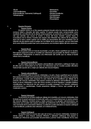 -Bucal.                                                -Masticatorio.
         -Submandibulares:                                      -Parotídeo.
         (Submandibular, Submental, Sublingual)                 -Pterigomandibular.
         -Infratemporal.                                        -Faringolateral.
                                                                -Retrofaringeo.
                                                                -Prevertebral.



I.                Espacios Primarios:
                      Espacio Canino:
                  El espacio canino es un fino espacio potencial situado entre los músculos elevados de la
         comisura labial y elevador del labio superior. El espacio puede estar comprometido como
         resultado de una infección de los dientes anterosuperiores, en particular los caninos por su larga
         raíz que permita que ocurra la erosión a través del hueso alveolar superior hacia la
         musculatura de la mímica. Cuando este espacio está infectado hay edema de los párpados,
         dorso de la nariz y parte superior de la mejilla con borramiento del surco nasolabial. Con la
         infección de este espacio existe el peligro de una flebitis de la vena angular, que por intermedio
         de la vena oftálmica puede traer como consecuencia una trombosis séptica del seno cavernoso.


                      Espacio Bucal:
                  Se encuentra entre el músculo buccinador y la piel y fascia superficial que lo recubre.
         Este espacio potencial puede ser invadido por infecciones que proceden de dientes maxilares y
         mandibulares. Clínicamente se observa una inflamación del carrillo que no rebasa el borde
         inferior de la mandíbula.


                     Espacio Submandibular:
                  En esta región tenemos los espacios submandibular, submental y sublingual. Cada uno
         de ellos está en continuidad con los otros. Las infecciones que los invaden pueden difundirse
         hacia el lado opuesto de su origen por delante del músculo hiogloso.


                      Espacio submandibular:
                  Se encuentra entre el músculo milohioideo y la piel y fascia superficial que lo recubre.
         Este espacio es invadido primariamente por infecciones que proceden de molares y en ocasiones
         de premolares, cuando estos erosionan la cara interna de la mandíbula por debajo de la
         inserción del músculo milohioideo. Este espacio contiene la glándula submandibular, la arteria
         facial, el nervio milohioideo y vasos del mismo nombre, el nervio hipogloso y ganglios linfáticos
         mandibulares. Las infecciones de este espacio se pueden propagar a los espacios sublingual,
         submentoniano y parafaríngeo. Puede presentarse disfagia y trismus que pueden ser de
         moderado a severo.



                     Espacio Submental:
                  Se encuentra en al línea media por debajo de la barbilla y el músculo milohioideo. Está
         limitado por la pared ventral por la fascia del cuello y en la parte lateral por el vientre anterior
         del músculo digástrico. Contiene grasa y tejido conjuntivo y los ganglios submentonianos. Las
         infecciones que invaden este espacio proceden de preferencia de los dientes anteroinferiores y
         más raramente de los premolares inferiores. La infección puede extenderse al espacio sublingual
         o submandibular, pudiendo estar afectado uni ó bilateralmente.


                    Espacio Sublingual:
                 Se localiza entre la mucosa del suelo de la boca y el músculo milohioideo. Contiene el
         nervio, arteria y vena lingual, conducto Wharton y glándula sublingual. Este espacio es
         invadido por infecciones que proceden de premolares y primer molar mandibular. En los casos

                                                                                                          26
 