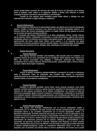 severos puede haber aumento de volumen del suelo de la boca con elevación de la lengua
          hacia el paladar, dolor intenso a la deglución, dislalia y disnea. Esta infección se puede
          propagar al espacio submental, submandibular y retrofaríngeo.
                  Cuando los tres espacios están invadidos puede haber disnea, y disfagia con una
          extensión de la infección a región faríngea y mediastino.


              Espacio Infratemporal:
               Está limitado por delante por la tuberosidad maxilar, por detrás por el músculo pterigoideo
          externo, cóndilo y músculo temporal y por dentro por la lámina pterigoidea externa y el
          fascículo inferior del músculo pterigoideo externo. La región inferior de este espacio se conoce
          con el nombre de espacio pterigomandibular.
               El contenido del espacio infratemporal es el plexo pterigoideo, arteria maxilar interna,
          nervio alveolar inferior, milohioideo, buccionador y cuerda del tímpano, además del músculo
          pterigoideo externo. La infección que invade a este espacio puede ser debida generalmente a
          pericoronaritis del tercer molar tanto inferior como superior o a la inyección con aguja
          infectadas en la técnica anestésica troncular alveolar inferior o de la tuberosidad. Se caracteriza
          clínicamente por presentar trismus, disfagia, dolor, odinafogia y tumefacción del paladar.


II.                Espacio Secundario:
                      Espacio Masetérico:
                   Esté espacio llamado también sub-masetérico, está situado entre el masetero y la
          superficie externa de la rama ascendente de la mandíbula. Hacia delante está cubierto por
          fibras del músculo buccinador muy delgadas y fácilmente perforada por infecciones
          procedentes de los molares inferiores. Clínicamente puede presentarse dolor y trismus intenso,
          con gran edema de la región maseterina.


                      Espacio Masticatorio:
                  Incluye el espacio maseterino, pterigomandibular y temporal, los cuales se relacionan
          entre sí libremente. Entre las infecciones que invaden este espacio se encuentran
          particularmente las que proceden del tercer molar, técnicas anestésicas no asépticas del nervio
          alveolar inferior y traumatismos mandibulares.


                      Espacio Parotídeo:
                   Contiene la glándula parótida, nervio facial, nervio aurículo temporal, vena facial
          posterior, carótida externa e interna y arteria temporal superficial. Es extremadamente rara la
          infección de este espacio procedente de los dientes mandibulares, casi siempre se trata de
          infecciones propagadas desde el espacio maseterino, faringolateral u originadas en la parótida
          o su conducto excretor. Clínicamente puede presentar una tumefacción por detrás de la rama
          ascendente con dolores intensos irradiados al músculo esternocleidomastoideo y limitación de la
          apertura bucal.


                       Espacio Pterigomandibular:
                    Esté espacio esta limitado medialmente por el músculo pterigoideo medial y
          lateralmente por la mandíbula. Del lado craneal está cerrado parcialmente por el músculo
          pterigoideo lateral y por completo caudalmente por el músculo pterigoideo medial y el
          ligamento estilomaxilar. El límite ventral de este espacio lo forma el rafe bucofaríngeo en que
          se inserta el músculo constrictor de la faringe y el buccinador. Contiene el nervio, arteria y vena
          alveolar inferior y el nervio y arteria lingual. La infección de este espacio puede producirse por
          diseminación de infecciones primarias de los espacios sublingual y submandibular ó por
          inoculación de gérmenes durante la inyección realizada para bloquear el nervio alveolar
          inferior, planteándose esta la causa de infección más frecuente. Cuando está tomado solamente
          el espacio pterigomandubular, puede no presentarse inflamación facial ó ser esta muy
          pequeña, pero el paciente casi siempre tiene un trismus significativo; de manera que cuando

                                                                                                          27
 