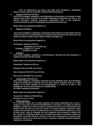 Entre los medicamentos que ejercen esta doble acción (analgésica y antipirética)
    tenemos: Aspirina, Dipirona, Ibupofrén y Acetaminofén (Paracetamol).
       Aspirina: (Acido Acetil Salicílico)
    Tiene acción analgésica, antipirética, anti-inflamatoria y antireumática, sin embargo no debe
    indicarse para el alivio del dolor en la celulitis odontógena considerando que ésta es una
    infección quirúrgica, pudiendo presentarse sangramiento trans y post operatorio,
    consecuentemente a la acción antiagregante plaquetaria de éste fármaco.

    Riesgo relativo de sangramiento digestivo 7.2
       Dipirona: (Duralgina)

    Tiene acción analgésica y antipirética, produciendo ambos efectos por acción directa sobre los
    centros nerviosos. Es un medicamento con una duración de acción corta, de manera que está
    indicado en dolores agudos, estados febriles, cefaleas, neuralgias, etc.

    Riesgo relativo de sangramiento digestivo l.6

    Presentación: Tabletas de 3OO mg
                   Ampolletas de 2 ml. (6OO mg)
       Posología: 2 tabletas c/4 - 6 horas.
                l ampolleta c/6 horas
       Ibupofrén:
    Tiene acción analgésica, antipirética y anti-inflamatoria. Derivado del ácido propiónico, se
    emplea para el alivio del dolor agudo.

    Riesgo relativo de sangramiento digestivo 2.4

    Presentación: Tabletas de 2OO mg

    Posología: Dolor leve 2OO mg c/6 horas

    Dolor moderado 4OO-6OO mg c/6-8 horas

    Dolor intenso 6OO-8OO mg c/6-8 horas
       Acetaminofén: (Paracetamol)
    Tiene acción analgésica y antipirética. Se plantea que éste metabolito activo de la Fenacetina
    es igual de potente que la aspirina, pero con menos efectos secundarios. Solo es un débil
    inhibidor de la síntesis periférica de las protasglandinas y es activo en el SNC a nivel
    hipotalámico, de ahí su acción efectiva en los estados febriles.
    No inhibe la agregación plaquetaria.

    Riesgo relativo de sangramiento digestivo l.5

    Presentación: Tabletas de 5OO-6OO mg
    Posología: l-l.2 gr c/4-6 horas.
       Dextropropoxifeno:
    Es un derivado sintético de la morfina (opiáceo). No produce dependencia por lo que su
    empleo no está sujeto al control de Estupefacientes. Se aproxima a la codeína en potencia
    analgésica y exhibe casi al mismo comienzo y duración de acción tras la administración oral.
    Produce alivio del dolor por cerca de 6 horas sin ocasionar depresión respiratoria. Alivia
    cualquier tipo de dolor de leve a moderado pero no es suficientemente potente en los casos
    de dolor severo. Suele ser empleado con otros analgésicos para aumentar la eficiencia de
    estos. Puede ser combinado también con un ansiolítico para aliviar la ansiedad y tensión que
    acompaña a los estados dolorosos. Cuando se usan estas combinaciones es necesario tener
    presente los efectos de las dosis altas de estos compuestos, pudiendo producirse depresión
    respiratoria y convulsiones.


                                                                                               35
 