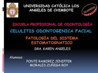 UNIVERSIDAD CATÓLICA LOS
             ANGELES DE CHIMBOTE
      FACULTAD CIENCIAS DE LA SALUD

 ESCUELA PROFESIONAL DE ODONTOLOGÍA
CELULITIS ODONTOGENICA FACIAL
           PATOLOGÍA DEL SISTEMA
             ESTOMATOGNATICO
               DRA. KAREN ANGELES

Alumnos:
            PONTE RAMIREZ JENIFFER
              MORALES ZUÑIGA ROY
 