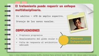 En adultos – ATB de amplio espectro.
Drenaje de los senos nasales.
El tratamiento puede requerir un enfoque
multidisciplinario.
COMPLICACIONES
• Proptosis progresiva
• Desplazamiento del globo ocular ò
• Falta de respuesta al antibiótico
adecuado
Absceso
Subperiostico
Chapter 4: orbital inflammatory and infectious disorders. Oculofacial Plastic and Orbital Surgery. BSCS 2023 – 2024. American Academy Of Ophthalmology
 