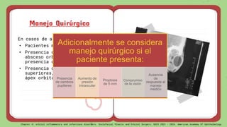 Manejo Quirúrgico
En casos de alto riesgo, como:
• Pacientes mayores de10 años
• Presencia de gas que indique
absceso orbitario con
presencia de anaerobios
• Presencia de abscesos
superiores, laterales o del
ápex orbitario.
Adicionalmente se considera
manejo quirúrgico si el
paciente presenta:
Presencia
de cambios
pupilares
Aumento de
presión
intraocular
Proptosis
de 5 mm
Compromiso
de la visión
Ausencia
de
respuesta al
manejo
médico
Chapter 4: orbital inflammatory and infectious disorders. Oculofacial Plastic and Orbital Surgery. BSCS 2023 – 2024. American Academy Of Ophthalmology
 