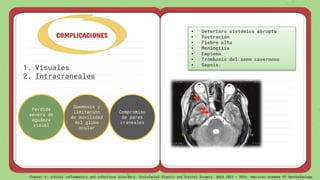 1. Visuales
2. Intracraneales
COMPLICACIONES
Perdida
severa de
agudeza
visual
Quemosis y
limitación
de movilidad
del globo
ocular
Compromiso
de pares
craneales
• Deterioro sistémico abrupto
• Postración
• Fiebre alta
• Meningitis
• Empiema
• Trombosis del seno cavernoso
• Sepsis.
Chapter 4: orbital inflammatory and infectious disorders. Oculofacial Plastic and Orbital Surgery. BSCS 2023 – 2024. American Academy Of Ophthalmology
 