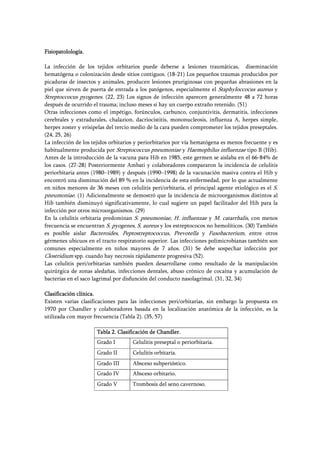 Fisiopatolología.
La infección de los tejidos orbitarios puede deberse a lesiones traumáticas, diseminación
hematógena o colonización desde sitios contiguos. (18-21) Los pequeños traumas producidos por
picaduras de insectos y animales, producen lesiones pruriginosas con pequeñas abrasiones en la
piel que sirven de puerta de entrada a los patógenos, especialmente el Staphyloccocus aureus y
Streptoccocus pyogenes. (22, 23) Los signos de infección aparecen generalmente 48 a 72 horas
después de ocurrido el trauma; incluso meses si hay un cuerpo extraño retenido. (51)
Otras infecciones como el impétigo, forúnculos, carbunco, conjuntivitis, dermatitis, infecciones
cerebrales y extradurales, chalazion, dacriocistitis, mononucleosis, influenza A, herpes simple,
herpes zoster y erisipelas del tercio medio de la cara pueden comprometer los tejidos preseptales.
(24, 25, 26)
La infección de los tejidos orbitarios y periorbitarios por vía hematógena es menos frecuente y es
habitualmente producida por Streptococcus pneumoniae y Haemophilus influenzae tipo B (Hib).
Antes de la introducción de la vacuna para Hib en 1985, este germen se aislaba en el 66-84% de
los casos. (27-28) Posteriormente Ambati y colaboradores compararon la incidencia de celulitis
periorbitaria antes (1980–1989) y después (1990–1998) de la vacunación masiva contra el Hib y
encontró una disminución del 89 % en la incidencia de esta enfermedad, por lo que actualmente
en niños menores de 36 meses con celulitis peri/orbitaria, el principal agente etiológico es el S.
pneumoniae. (1) Adicionalmente se demostró que la incidencia de microorganismos distintos al
Hib también disminuyó significativamente, lo cual sugiere un papel facilitador del Hib para la
infección por otros microorganismos. (29)
En la celulitis orbitaria predominan S. pneumoniae, H. influenzae y M. catarrhalis, con menos
frecuencia se encuentran S. pyogenes, S. aureus y los estreptococos no hemolíticos. (30) También
es posible aislar Bacteroides, Peptostreptococcus, Prevotella y Fusobacterium, entre otros
gérmenes ubicuos en el tracto respiratorio superior. Las infecciones polimicrobianas también son
comunes especialmente en niños mayores de 7 años. (31) Se debe sospechar infección por
Clostridium spp. cuando hay necrosis rápidamente progresiva (52).
Las celulitis peri/orbitarias también pueden desarrollarse como resultado de la manipulación
quirúrgica de zonas aledañas, infecciones dentales, abuso crónico de cocaína y acumulación de
bacterias en el saco lagrimal por disfunción del conducto nasolagrimal. (31, 32, 34)
Clasificación clínica.
Existen varias clasificaciones para las infecciones peri/orbitarias, sin embargo la propuesta en
1970 por Chandler y colaboradores basada en la localización anatómica de la infección, es la
utilizada con mayor frecuencia (Tabla 2). (35, 57)
Tabla 2. Clasificación de Chandler.
Grado I Celulitis preseptal o periorbitaria.
Grado II Celulitis orbitaria.
Grado III Absceso subperióstico.
Grado IV Absceso orbitario.
Grado V Trombosis del seno cavernoso.
 