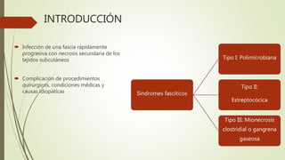 INTRODUCCIÓN
 Infección de una fascia rápidamente
progresiva con necrosis secundaria de los
tejidos subcutáneos
 Complicación de procedimientos
quirúrgicos, condiciones médicas y
causas idiopáticas Síndromes fascíticos
Tipo I: Polimicrobiana
Tipo II:
Estreptocócica
Tipo III: Mionecrosis
clostridial o gangrena
gaseosa
 
