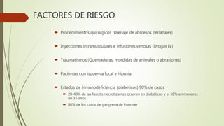 FACTORES DE RIESGO
 Procedimientos quirúrgicos (Drenaje de abscesos perianales)
 Inyecciones intramusculares e infusiones venosas (Drogas IV)
 Traumatismos (Quemaduras, mordidas de animales o abrasiones)
 Pacientes con isquemia local e hipoxia
 Estados de inmunodeficiencia (diabéticos) 90% de casos
 20-40% de las fascitis necrotizantes ocurren en diabéticos y el 50% en menores
de 35 años
 80% de los casos de gangrena de Fournier
 