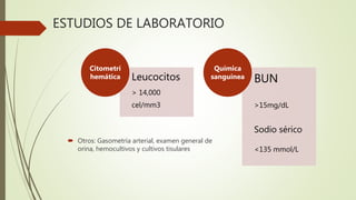 ESTUDIOS DE LABORATORIO
 Otros: Gasometría arterial, examen general de
orina, hemocultivos y cultivos tisulares
Leucocitos
> 14,000
cel/mm3
Citometrí
hemática BUN
>15mg/dL
Sodio sérico
<135 mmol/L
Química
sanguínea
 