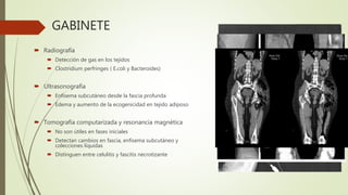 GABINETE
 Radiografía
 Detección de gas en los tejidos
 Clostridium perfringes ( E.coli y Bacteroides)
 Ultrasonografía
 Enfisema subcutáneo desde la fascia profunda
 Edema y aumento de la ecogenicidad en tejido adiposo
 Tomografía computarizada y resonancia magnética
 No son útiles en fases iniciales
 Detectan cambios en fascia, enfisema subcutáneo y
colecciones líquidas
 Distinguen entre celulitis y fascitis necrotizante
 