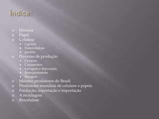    Historia
   Papel
   Celulose
       Lignina
       Hemicelulose
       pectina
   Processo de produção
       Cavacos
       Cozimentos
       Lavagem e depuração
       Branqueamento
       Secagem
   Maiores produtores do Brasil
   Produtores mundiais de celulose e papeis
   Produção, exportação e importação
   A reciclagem
   Biocelulose
 
