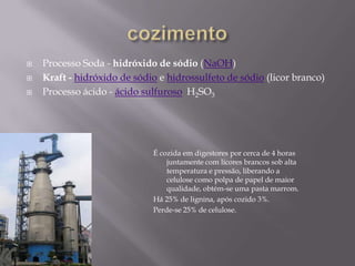    Processo Soda - hidróxido de sódio (NaOH)
   Kraft - hidróxido de sódio e hidrossulfeto de sódio (licor branco)
   Processo ácido - ácido sulfuroso H2SO3




                             É cozida em digestores por cerca de 4 horas
                                 juntamente com licores brancos sob alta
                                 temperatura e pressão, liberando a
                                 celulose como polpa de papel de maior
                                 qualidade, obtém-se uma pasta marrom.
                             Há 25% de lignina, após cozido 3%.
                             Perde-se 25% de celulose.
 