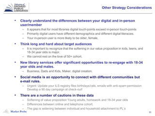 Market Probe 11
Other Strategy Considerations
• Clearly understand the differences between your digital and in-person
user/member
– It appears that for most libraries digital touch-points exceed in-person touch-points
– Primarily digital users have different demographics and different digital literacies.
– Your in-person user is more likely to be older, female,
• Think long and hard about target audiences
– It is important to recognize that the softening in our value proposition in kids, teens, and
18-34 year olds is major.
– We cannot rest on the love of 50+ cohort.
• New library services offer significant opportunities to re-engage with 18-34
year olds and males.
– Business, Dads and Kids, Maker, digital creation.
• Social media is an opportunity to connect with different communities but
e-mail rules.
– Urgent: Update your ILS registry files birthdays/cels, emails with anti-spam permission
Develop a 90 day campaign at check-out!
• There are a number of cautions in these data
– Softening of value proposition Young adults, homework and 18-34 year olds
– Differences between online and telephone cohort.
– The gap is widening between individual and household attachment to PL’s
 