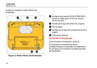 VT650/VT900
Manual de uso
10
La figura 3 muestra la parte inferior del
Analizador.
Figura 3. Parte inferior del Analizador
 Anclajes para soporte VESA (FDMI MIS-C,
donde es válido para 75 mm de ancho x
35 mm de alto)
 Tornillo de la tapa del sensor de oxígeno
 Pie de apoyo
D Tornillos de la tapa del compartimento de la
batería
E Tapa de las baterías
Encienda el Analizador
Para encender el Analizador, pulse +.
El Analizador se enciende de forma
predeterminada en la pantalla Vía respiratoria.
En la Figura 4 se muestra la pantalla principal
del Analizador.
2 3
4
5
1
 