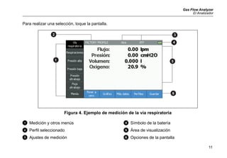 Gas Flow Analyzer
El Analizador
11
Para realizar una selección, toque la pantalla.
Figura 4. Ejemplo de medición de la vía respiratoria
 Medición y otros menús
 Perfil seleccionado
 Ajustes de medición
D Símbolo de la batería
E Área de visualización
F Opciones de la pantalla
2 3
4
5
6
1
 