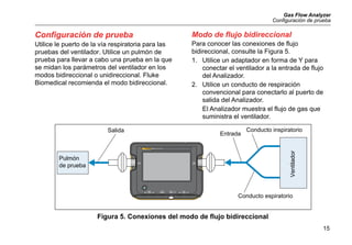 Gas Flow Analyzer
Configuración de prueba
15
Configuración de prueba
Utilice le puerto de la vía respiratoria para las
pruebas del ventilador. Utilice un pulmón de
prueba para llevar a cabo una prueba en la que
se midan los parámetros del ventilador en los
modos bidireccional o unidireccional. Fluke
Biomedical recomienda el modo bidireccional.
Modo de flujo bidireccional
Para conocer las conexiones de flujo
bidireccional, consulte la Figura 5.
1. Utilice un adaptador en forma de Y para
conectar el ventilador a la entrada de flujo
del Analizador.
2. Utilice un conducto de respiración
convencional para conectarlo al puerto de
salida del Analizador.
El Analizador muestra el flujo de gas que
suministra el ventilador.
Figura 5. Conexiones del modo de flujo bidireccional
FLOW
INLET
±300 lpm
FLOW
EXHAUST
ULTRA
LOW FLOW
LOW
PRESSURE
ULTRA
LOW PRESSURE
0 TO 10mbar
HIGH
PRESSURE
750 ml/min 160 mbar
0.8 TO10bar
GAS FLOW ANALYZER
VT900
Conducto inspiratorio
Conducto espiratorio
Ventilador
Pulmón 
de prueba
Entrada
Salida
 