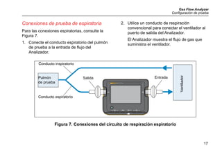 Gas Flow Analyzer
Configuración de prueba
17
Conexiones de prueba de espiratoria
Para las conexiones espiratorias, consulte la
Figura 7.
1. Conecte el conducto espiratorio del pulmón
de prueba a la entrada de flujo del
Analizador.
2. Utilice un conducto de respiración
convencional para conectar el ventilador al
puerto de salida del Analizador.
El Analizador muestra el flujo de gas que
suministra el ventilador.
Figura 7. Conexiones del circuito de respiración espiratorio
FLOW
INLET
±300 lpm
FLOW
EXHAUST
ULTRA
LOW FLOW
LOW
PRESSURE
ULTRA
LOW PRESSURE
0 TO 10mbar
HIGH
PRESSURE
750 ml/min 160 mbar
0.8 TO10bar
GAS FLOW ANALYZER
VT900
Conducto inspiratorio
Ventilador
Entrada
Salida
Conducto espiratorio
Pulmón 
de prueba
 