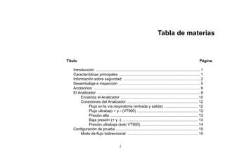 i
Tabla de materias
Título Página
Introducción ................................................................................................... 1
Características principales ............................................................................. 1
Información sobre seguridad ......................................................................... 2
Desembalaje e inspección ............................................................................. 5
Accesorios ..................................................................................................... 6
El Analizador .................................................................................................. 8
Encienda el Analizador ......................................................................... 10
Conexiones del Analizador ................................................................... 12
Flujo en la vía respiratoria (entrada y salida) ................................ 12
Flujo ultrabajo + y - (VT900) .......................................................... 13
Presión alta ................................................................................... 13
Baja presión (+ y -) ........................................................................ 14
Presión ultrabaja (solo VT900) ...................................................... 14
Configuración de prueba .............................................................................. 15
Modo de flujo bidireccional ................................................................... 15
 