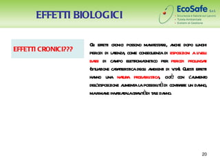 EFFETTI BIOLOGICI

                     Gi effeti cr
                       l      t onici possono ma asi, a dopo l
                                                nifest r nche       unghi
EFFETTI CRONICI???   per di l t , come conseguenza di esposizioni a l eli
                         iodi aenza                                 iv l
                     ba di ca
                        ssi       mpo el toma ico per per pr ungai
                                         etr gnet           iodi ol t
                     (sit zione caat ist degl a
                         ua       r ter ica i mbient di v a Quest effeti
                                                        i it ).   i    t
                     ha una naur pr bil ica cioè con l ument
                        nno          t a oba ist ,               ’a o
                     del’esposizione a a l possibil à di contar un da
                         l            ument a        it     r re     nno,
                     mar ne inv r t l gr v àdi t l da
                          ima aiaa a a it ae nno.




                                                                      20
 