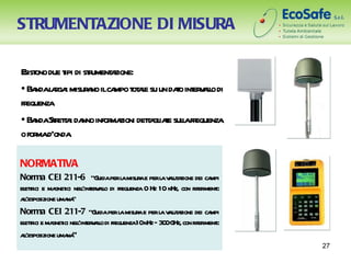 STRUMENTAZIONE DI MISURA

E ono due t di st ument zione:
 sist      ipi r a
• Ba l r : misur no ilca t ae su un dao int v lo di
     nda aga    a       mpo ot l        t er al
frequenza
• Ba Steta da infor zioni deta iae sulafr
     nda r t : nno ma            t gl t l equenza
o for d’onda
     ma

NORMATIVA
Norma CEI 211-6 “G perl misur e perl v l a dei ca
                         uida a a                a aut zione     mpi
el tici e ma ici nel’int v lo di fr
 etr          gnet   l er al       equenza 0 Hz 10 kHz, con r iment
                                                             ifer o
al
 l’esposizione uma ”
                  na
Norma CEI 211-7 “G per l misur e per l v l a dei ca
                          uida a    a    a aut zione   mpi
el tici e ma ici nel’int v lo di fr
 etr         gnet l er al equenza10kHz – 3 0G con r iment
                                          0 Hz, ifer o
 l’esposizione uma ”
al                na
                                                                       27
 
