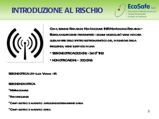 INTRODUZIONE AL RISCHIO

                         Con ilt mine R dia Non Ionizza i (NIRNon-
                                er      a zioni        nt         IonizingR diaion –
                                                                           a t
                         E giainsufficient perr
                          ner             e omper i l mi mol ai)v indicaa
                                                   e ega       ecol r iene       t
                         quelapat delo spetr el toma ico che, in funzione dela
                             l re l to etr gnet                               l
                         frequenza v suddiv in una
                                  , iene     iso
                         • SEZIONEOT ICA(3 0G -3 4 T
                                     T 0 Hz x10 Hz)
                         • NONOT ICA(0Hz – 3 0G
                                  T           0 Hz).

SEZIONEOT ICA UV-L V e -IR
         T :      uce isibil .

SEZIONENONOT ICA
             T :
•M micr a e
   W ow v
•R diofr
  a equenze
•Ca el t ici e ma ici afr
    mpi etr      gnet    equenzaestema e ba
                                  r ment ssa
•Ca el t ici e ma ici st t
    mpi etr      gnet aici.                                                            3
 